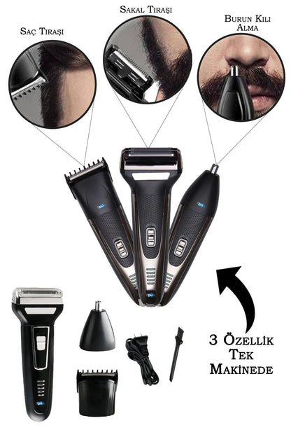 3 in 1 Saç Sakal Kesme Ense Burun Tıraş Makinesi Seti