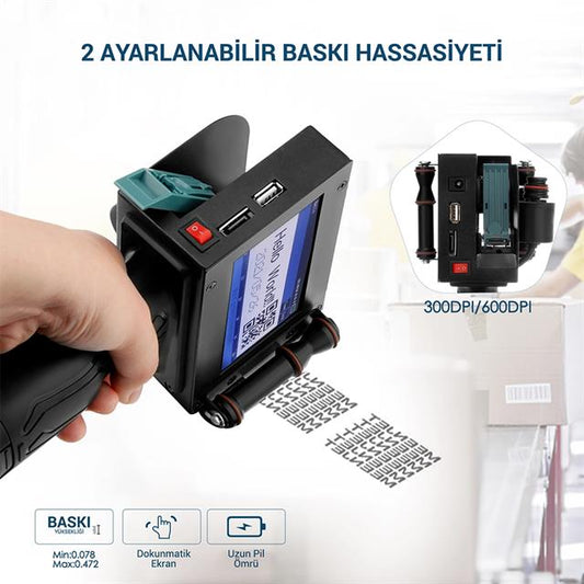 4.3&amp;apos;&amp;apos; Dokunmatik Ekranlı Şarjlı Endüstriyel El Tipi Portatif Mürekkep Yazıcı
