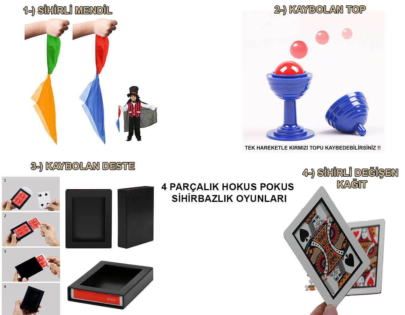 4&amp;apos;lü Sihirbazlık Seti – Hokus Pokus Sihirli Numara Seti-KUPA-MENDİL-DESTE-İSKAMBİL