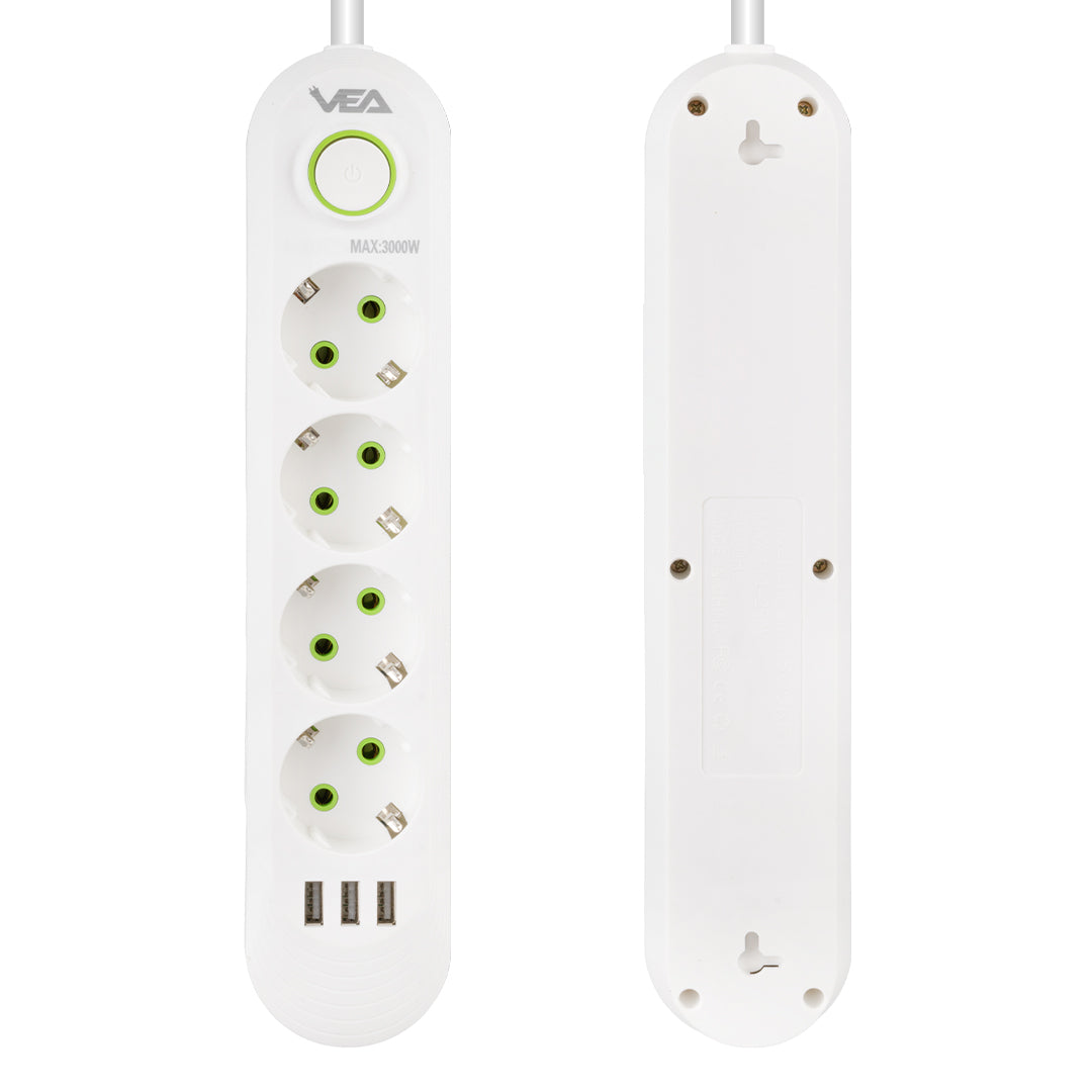 4LÜ 1.5 METRE KABLOLU 3 USBLİ BEYAZ AKIM KORUMALI PRİZ