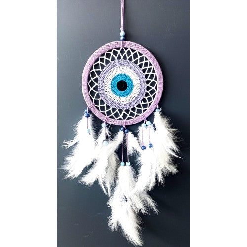 Nazar Boncuğu Motifli Lila Rengi Dream Catcher Düş Kapanı Duvar Süsü