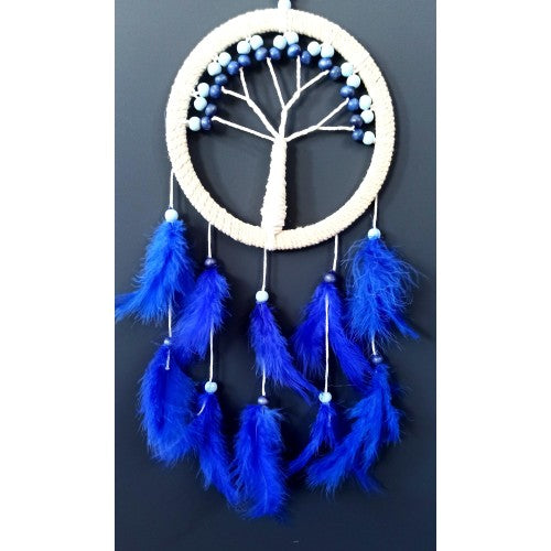 Saks Mavisi Kuş Tüylü Hayat Ağacı Düş Kapanı Dream Catcher Duvar Süsü