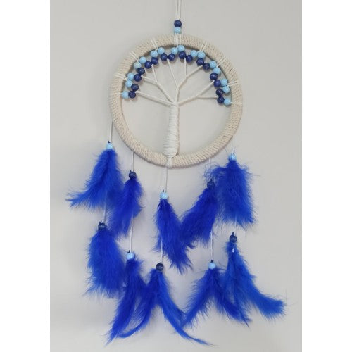 Saks Mavisi Kuş Tüylü Hayat Ağacı Düş Kapanı Dream Catcher Duvar Süsü