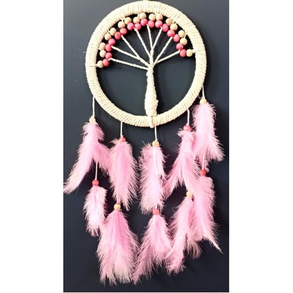 Pembe Kuş Tüylü Hayat Ağacı Düş Kapanı Dream Catcher Duvar Süsü