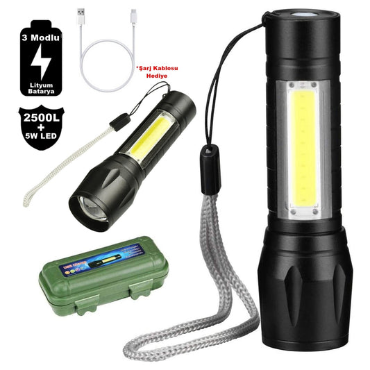  Su Geçirmez Şarjlı El Feneri 2500 Lumens + 5W COB LED USB Lion Şarjlı Ultra Güçlü Q5 XPE