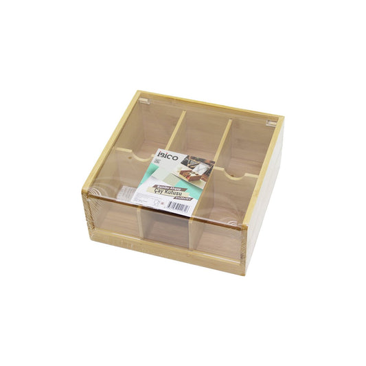 AHŞAP BAMBU 6 BÖLMELİ  POŞET ÇAY KUTUSU MİKA PLASTİK KAPAK  21X20X10CM