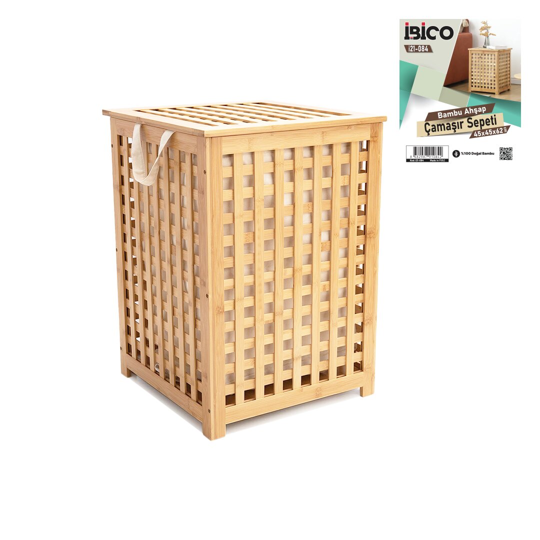 AHŞAP BAMBU KİRLİ ÇAMAŞIR SEPET KUMAŞ ÇANTALI  SEPET=45X45X62CM