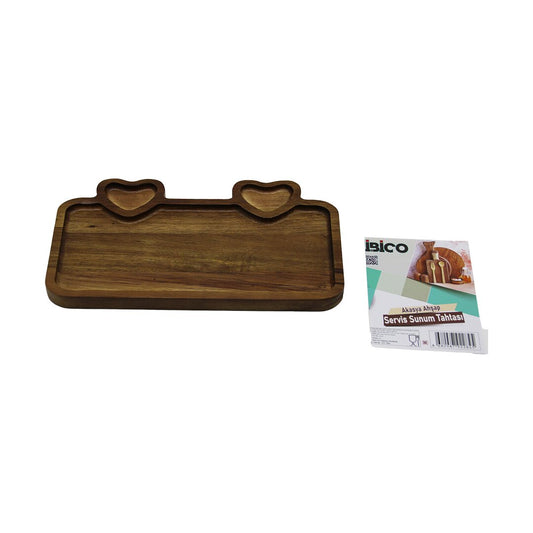 AKASYA DİKDÖRTGEN   3 BÖLMELİ=2İN1 KALP BÖLME+1  AHŞAP SERVİS SUNUM TEPSİ - TAHTASI  25 X 14 X 1.4CM