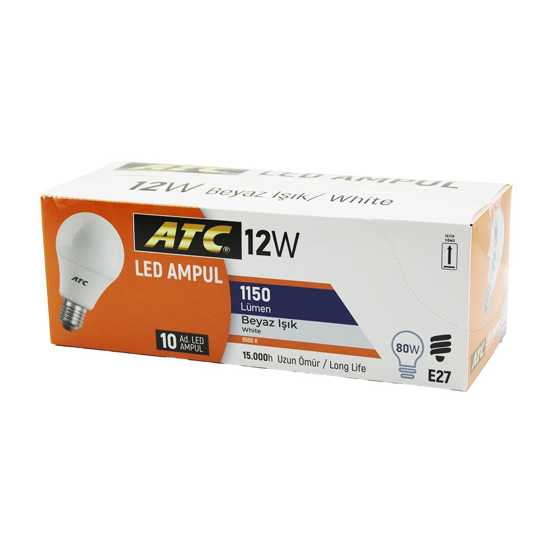 10 ADET ATC 12W=80W E27 BEYAZ=6500K LED AMPUL LAMBA 1150 LÜMEN 15.000 SAAT ÖMÜR