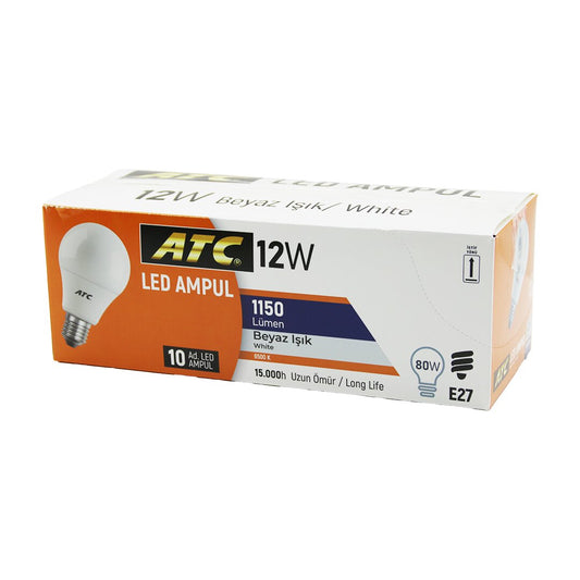 10 ADET ATC 12W=80W E27 BEYAZ=6500K LED AMPUL LAMBA 1150 LÜMEN 15.000 SAAT ÖMÜR