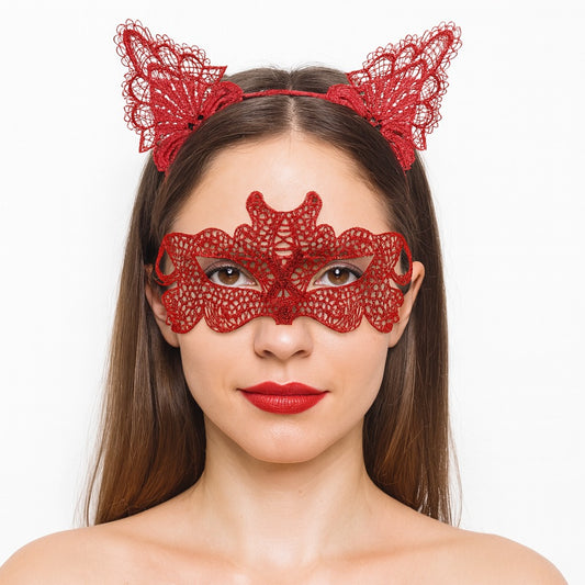 Ateş Kırmızısı Dantel Taç ve Maske Seti 10 No - Maskeli Balo &amp;amp;amp; Özel Gün Seti