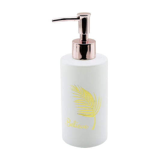 CAM  YUVARLAK - BEYAZ ŞİŞE--GOLD YAPRAK DESEN SIVI SABUNLUK 350ML BRONZ PLASTİK POMPA