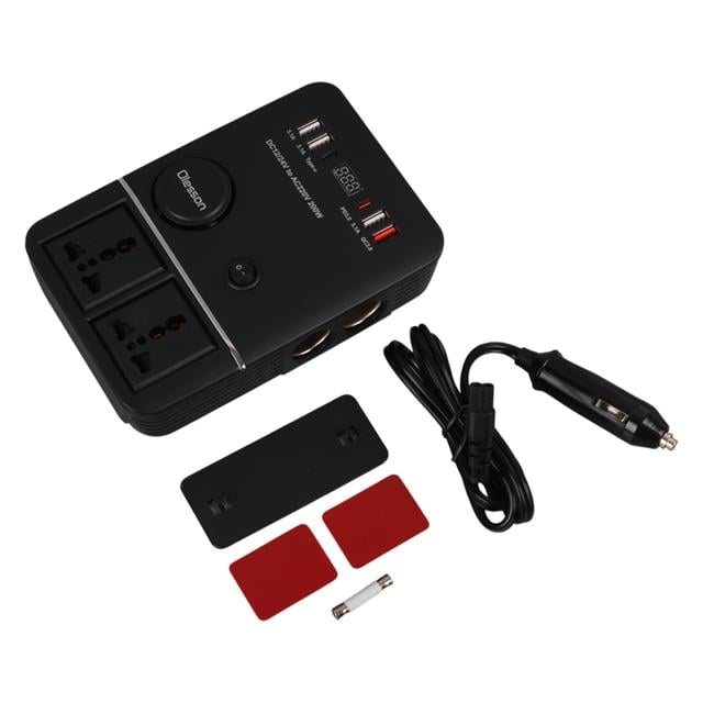 DC 12-24V 200W Oto Araç Power İnverter 2x Çakmak Girişi - 2x TYPE-C - 4x USB - 2x 220V Üniversal Priz