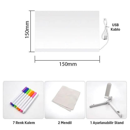 Dekoratif LED Aydınlatmalı Şeffaf Işıltılı Yazı - Çizim Panosu Tableti - 7 Renk Kalemli Set