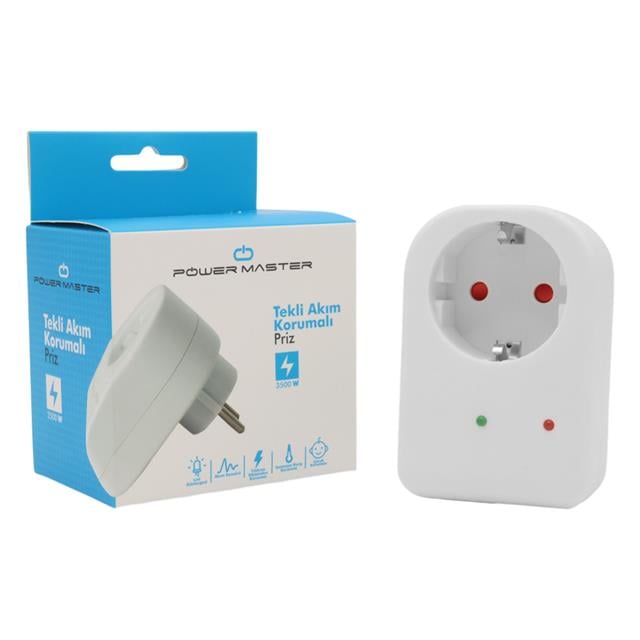 Durum Ledli Akım Korumalı Tekli Priz 16 Amper - 3500 Watt Tekli Beyaz