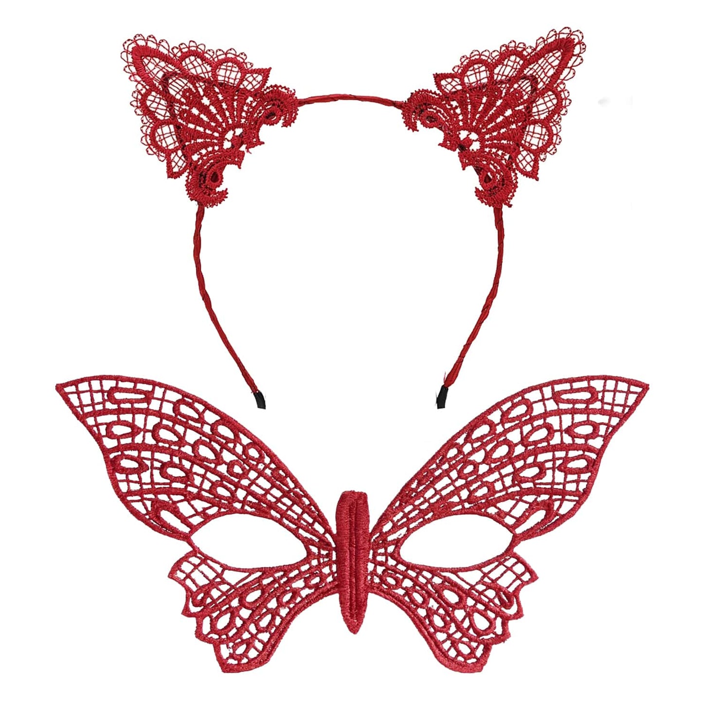 Gösterişli Kırmızı Dantel Maske ve Taç Seti 7 No – Masquerade ve Davetler için