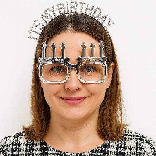 İt&amp;apos;s My Birthday Yazılı Taç ve Mum Şekilli Gözlük Seti Gümüş Renk
