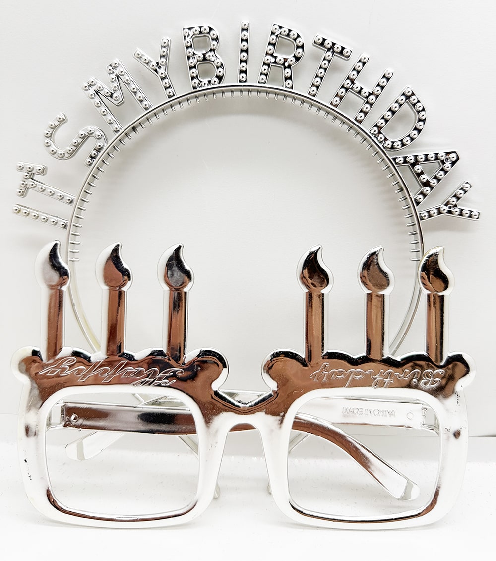 İt&amp;apos;s My Birthday Yazılı Taç ve Mum Şekilli Gözlük Seti Gümüş Renk