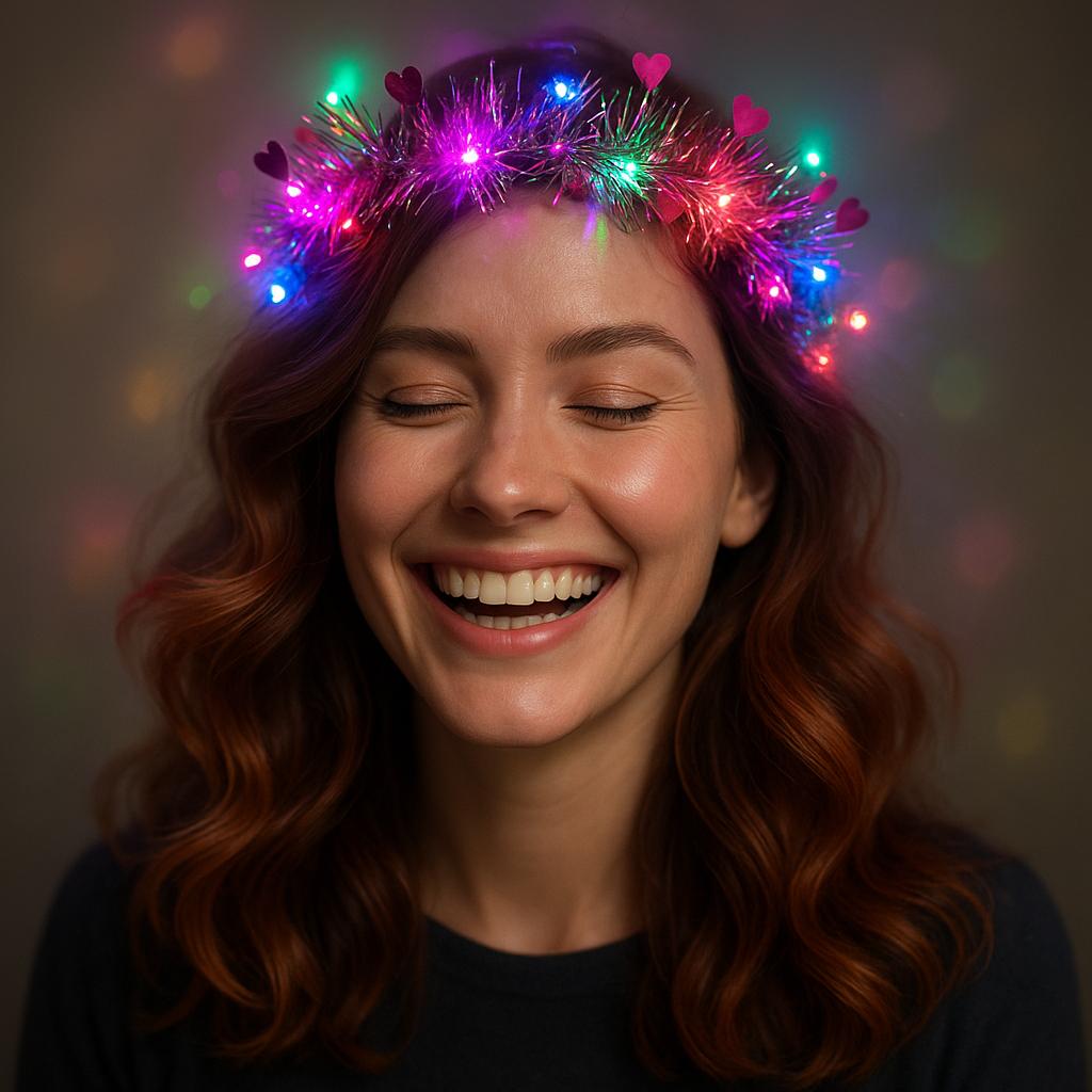 Kalp Püsküllü Gece Parıltısı 3 Modlu LED&amp;apos;li Işıklı Taç Fuşya Renk