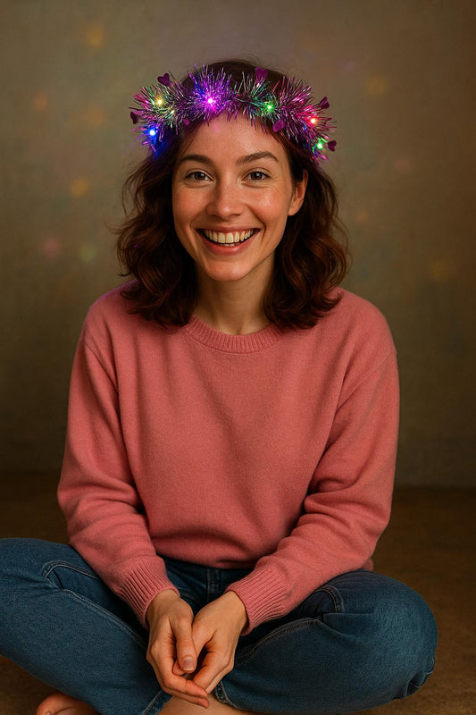 Kalp Püsküllü Gece Parıltısı 3 Modlu LED&amp;apos;li Işıklı Taç Fuşya Renk