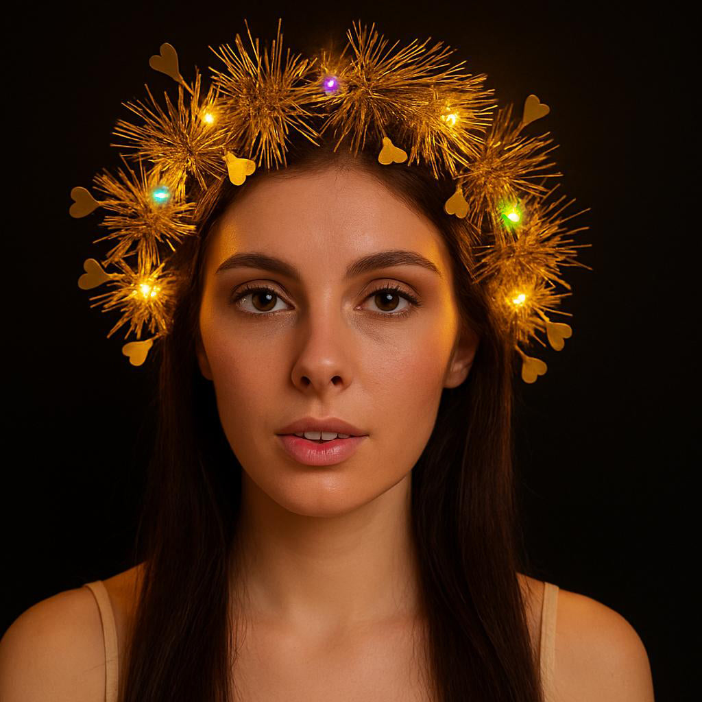 Kalp Püsküllü Gece Parıltısı 3 Modlu LED&amp;apos;li Işıklı Taç Altın Renk