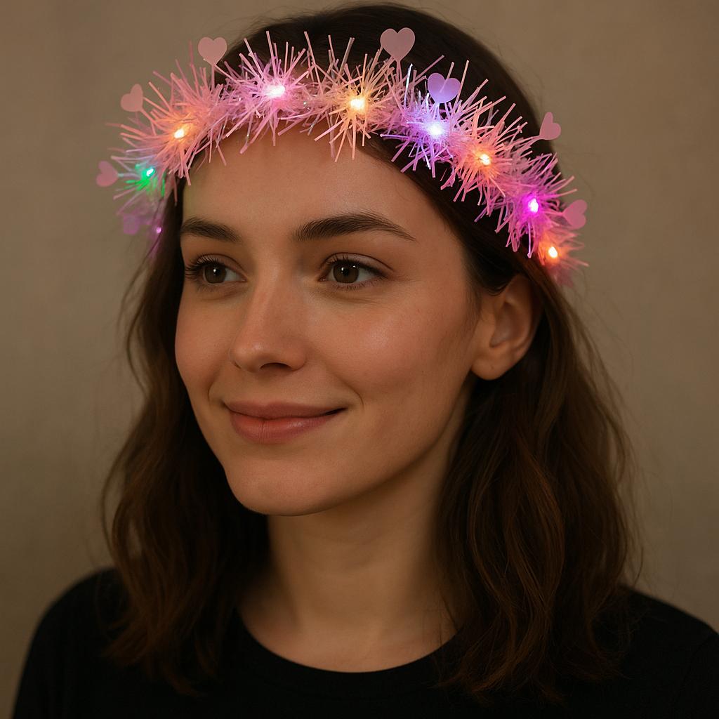 Kalp Püsküllü Gece Parıltısı 3 Modlu LED&amp;apos;li Işıklı Taç Pembe Renk