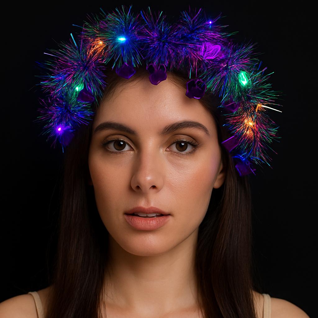 Kalp Püsküllü Gece Parıltısı 3 Modlu LED&amp;apos;li Işıklı Taç Mor Renk