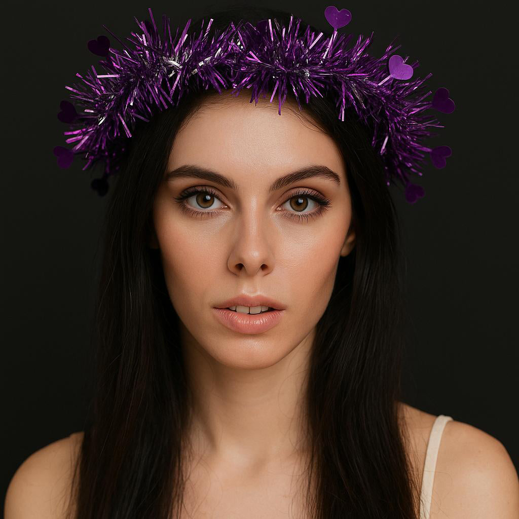 Kalp Püsküllü Gece Parıltısı 3 Modlu LED&amp;apos;li Işıklı Taç Mor Renk
