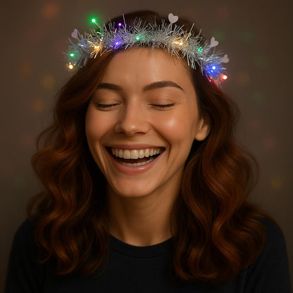 Kalp Püsküllü Gece Parıltısı 3 Modlu LED&amp;apos;li Işıklı Taç Gümüş Renk