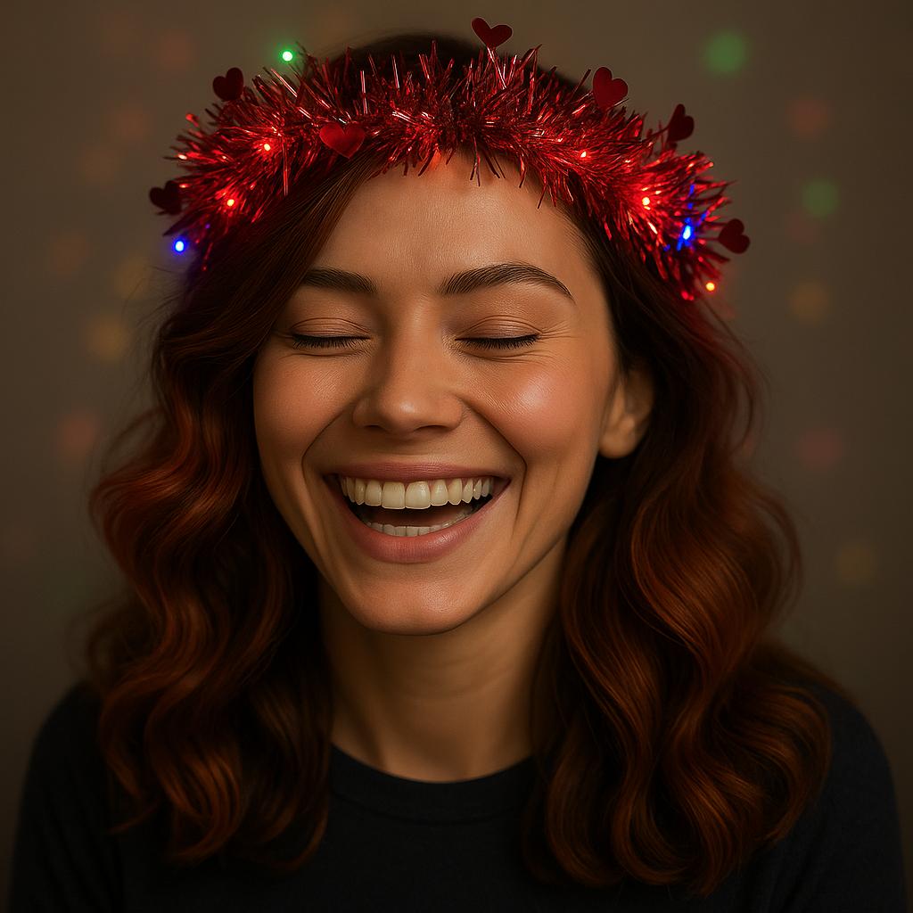 Kalp Püsküllü Gece Parıltısı 3 Modlu LED&amp;apos;li Işıklı Taç Kırmızı Renk