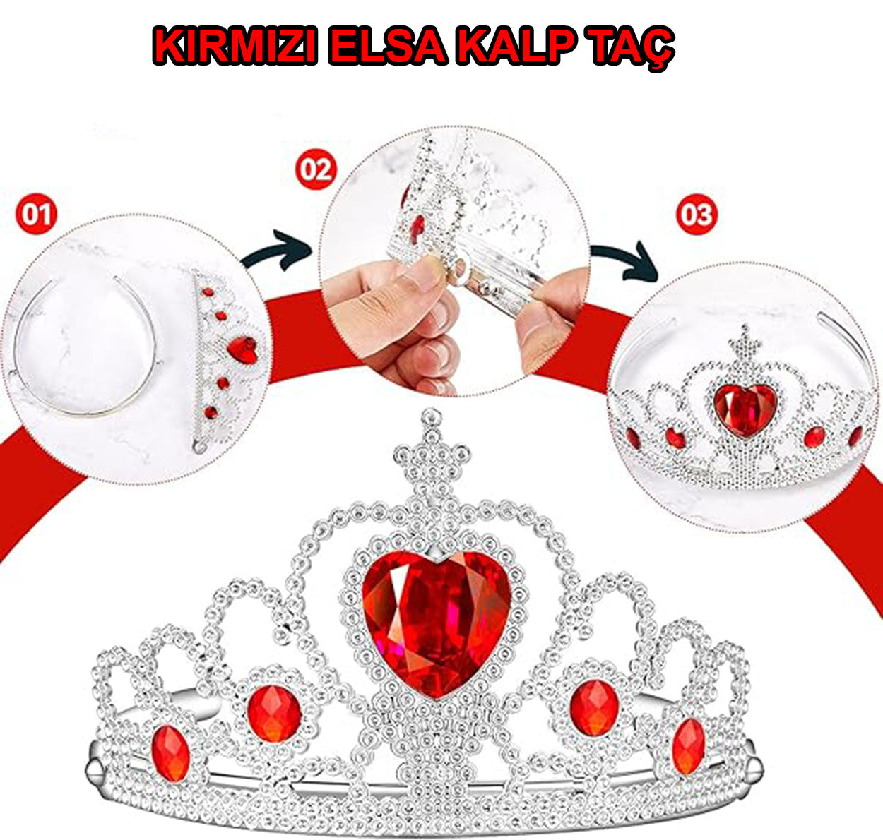 Kalp Taşlı Kırmızı Renk Karlar Ülkesi Elsa Anna Frozen Tacı