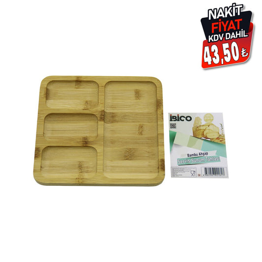 KARE 4 BÖLMELİ=3+1 AHŞAP BAMBU SERVİS SUNUM TEPSİ - TAHTASI 20 X 20 X 1.4CM