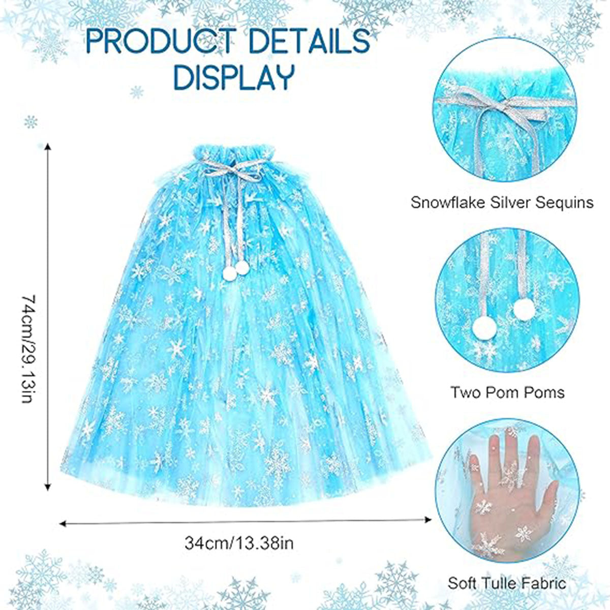 Karlar Ülkesi Elsa Frozen Mavi Pelerin – 80 cm Kar Desenli Çocuk Pelerini ( Taç Hariç )