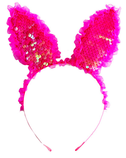Kenarları Dantelli Fuşya Pullu Payetli Led Işıklı Tavşan Kulak Taç 23x19 cm
