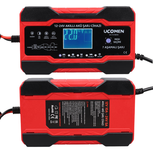 KIRMIZI 12/24 VOLT 10 AMPER LED GÖSTERGELİ AKÜ ŞARJ CİHAZI UC-C121001A