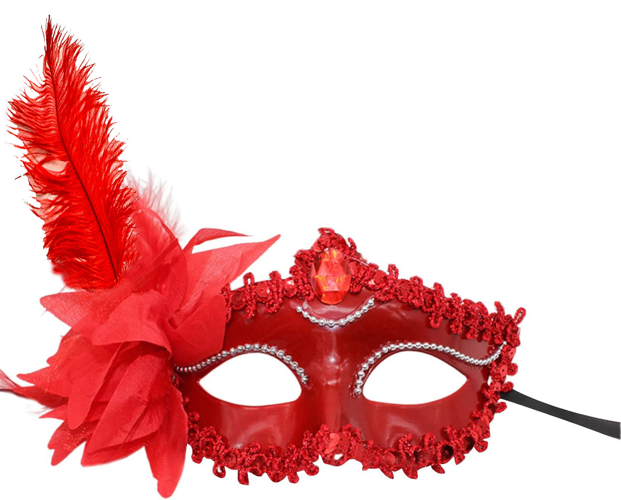 Kırmızı Mat Renk Yandan Tüylü Güllü Parti Balo Venedik Maskesi 16x22