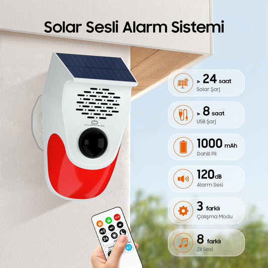 KUMANDALI SOLAR SESLİ IŞIKLI 120DB ALARM SİSTEMİ