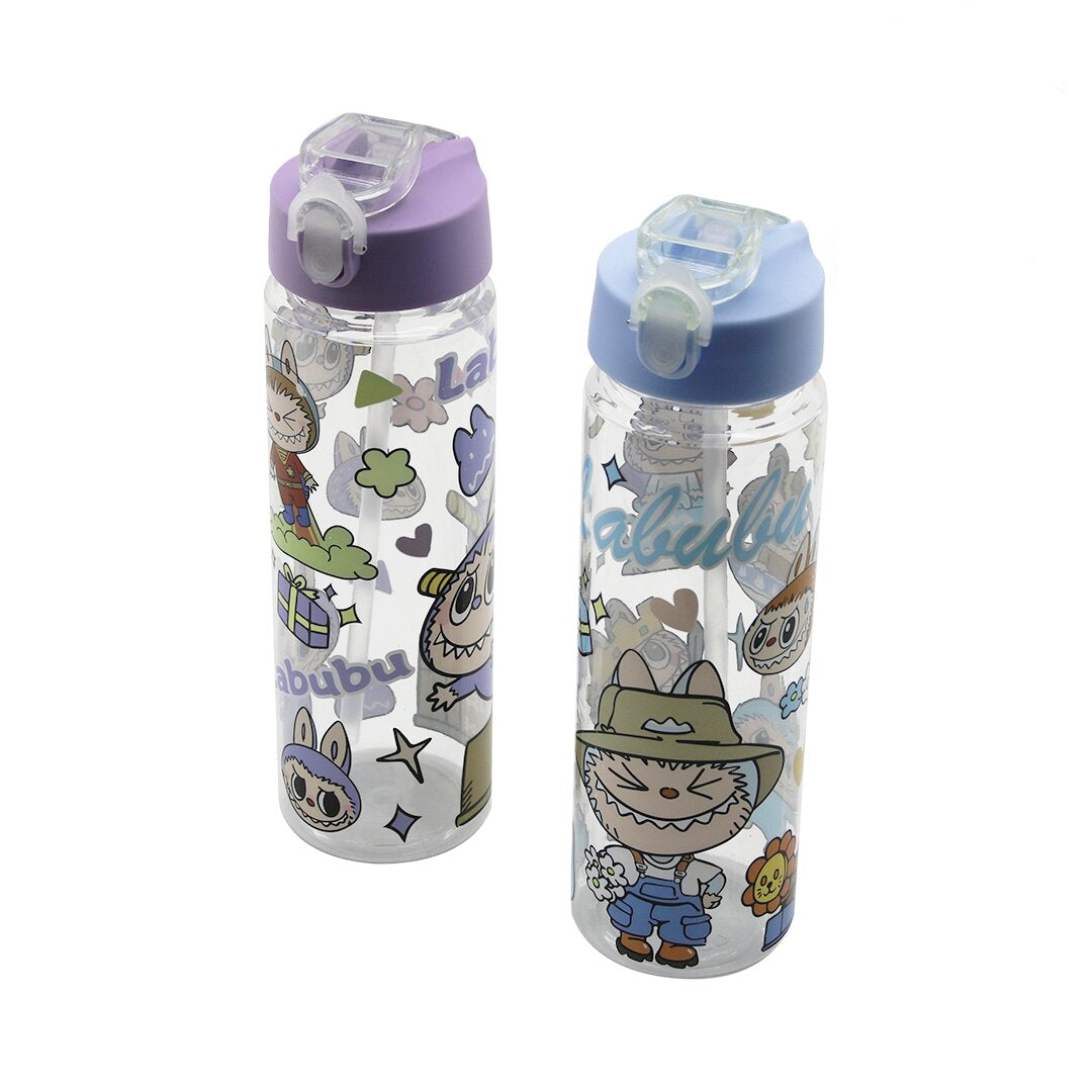 LABUBU ÇOCUK ÇİZGİ FİLM KARAKTER RESİMLİ SU MATARASI ŞEFFAF PLASTİK PİPETLİ KİLİTLİ KAPAK