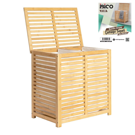 LAUNDRY BASKET 2 BÖLMELİ AHŞAP BAMBU KİRLİ ÇAMAŞIR SEPET KUMAŞ ÇANTALI SEPET=50X38X55CM