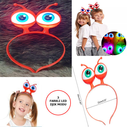 Led Işıklı &amp;amp;amp; Pilli 3 Farklı Modda Yanan Uzaylı Göz Parti Tacı Kırmızı Renk 18x12 cm