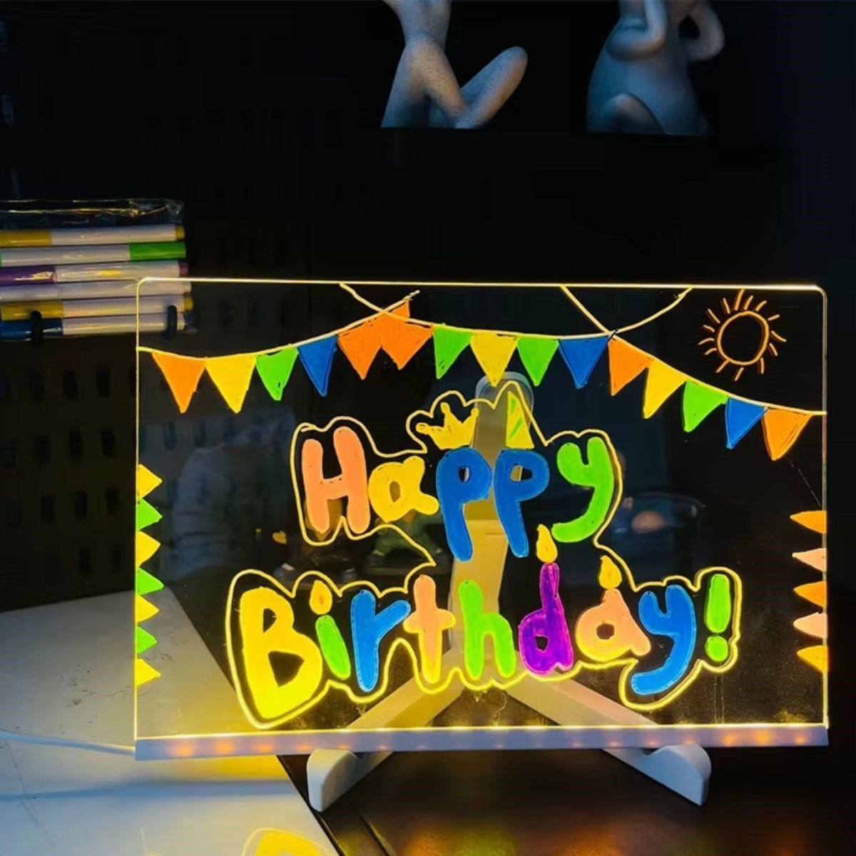 LED Işıklı Kendiliğinden Renkli Fosforlu Kalemli Dikdörtgen Yazı Panosu 20x30 cm