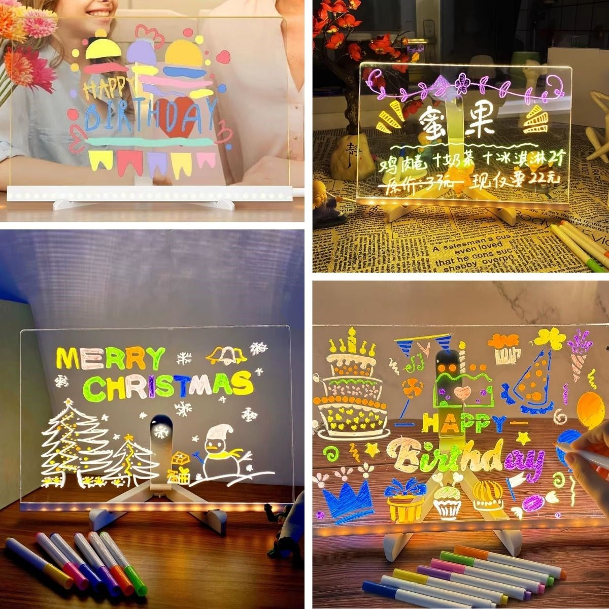 LED Işıklı Kendiliğinden Renkli Fosforlu Kalemli Dikdörtgen Yazı Panosu 20x30 cm