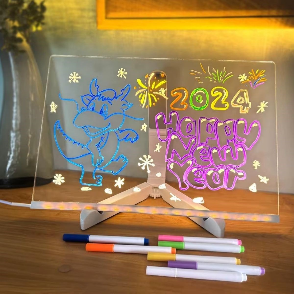 LED Işıklı Kendiliğinden Renkli Fosforlu Kalemli Dikdörtgen Yazı Panosu 20x30 cm