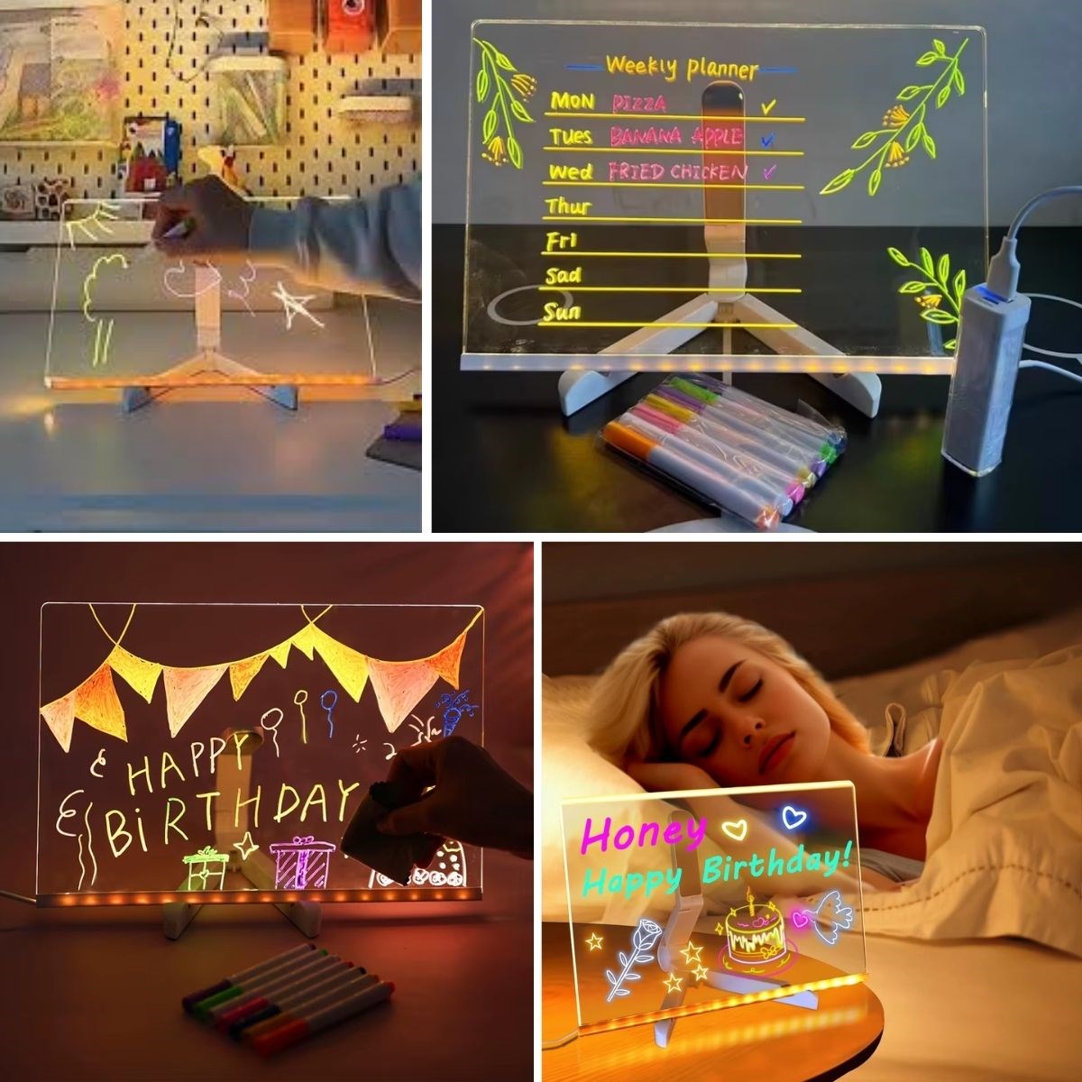 LED Işıklı Kendiliğinden Renkli Fosforlu Kalemli Dikdörtgen Yazı Panosu 20x30 cm