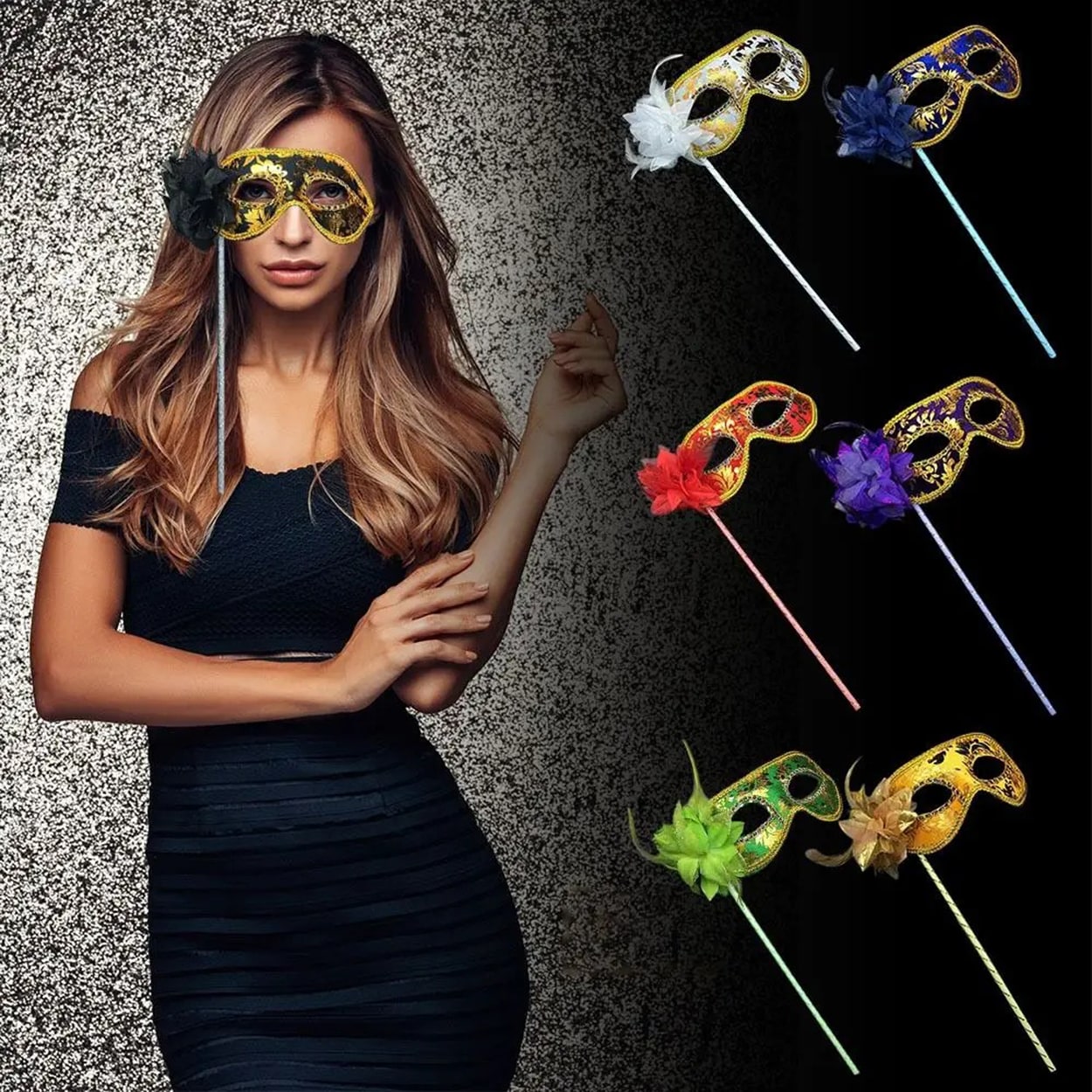 Lüks Taşlı Saplı Maskeli Balo Maskesi Mor Renk 35 cm