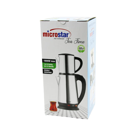 MİCROSTAR ELEKTRİKLİ ÇELİK ÇAY MAKİNESİ ÇAYCI SET 1.8LT SU ISITICI+ 0.8LT DEMLİK 1800W 360 DERECE DÖENBİLENGÖVDE