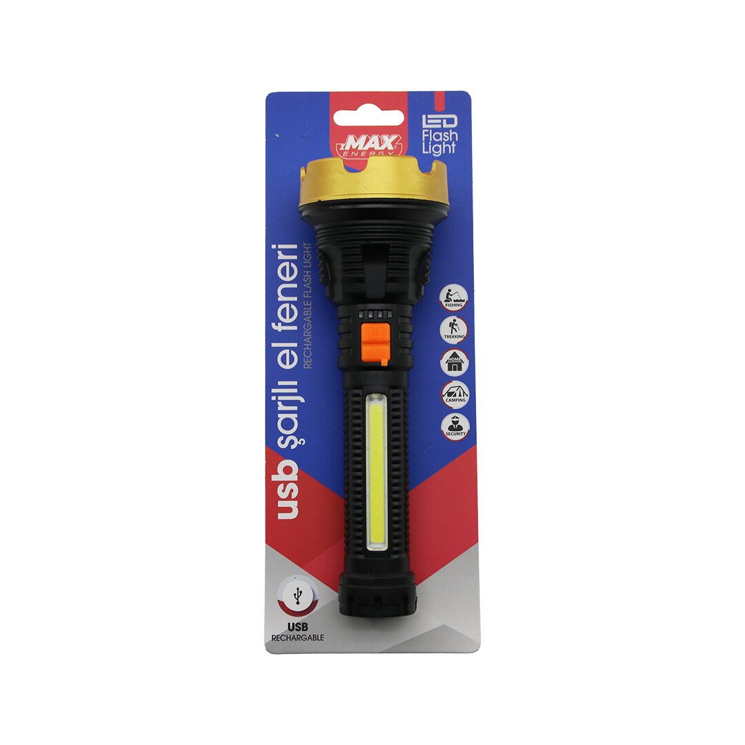 ORTA=19CM 2İN1= OSL LED - COB LED USB ŞARJLI EL FENERİ 3-KADEME IŞIK - FLAŞÖR ŞARJ GÖSTERGE