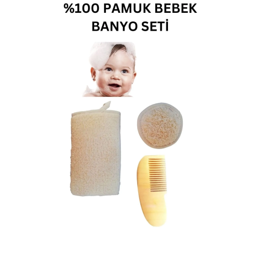 %100 Doğal Pamuk Bebek Banyo Lifi, Doğal Pamuklu Bebek Yüz Lifi, Bebek Limon Ağacı Ahşap Tarak Set