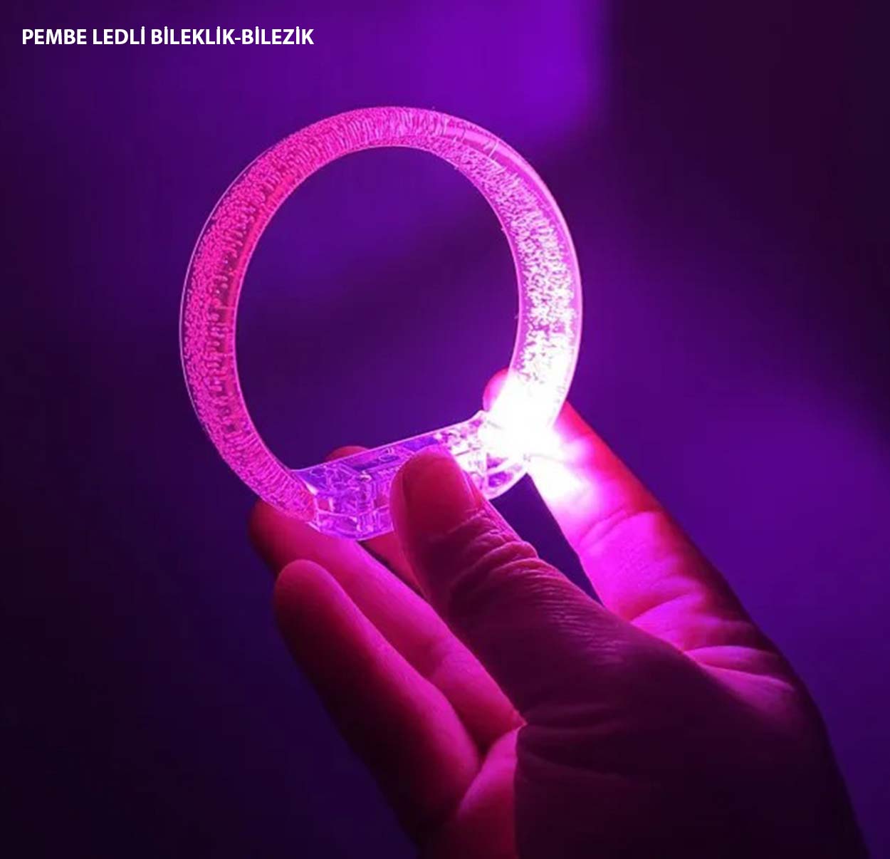 Pembe Led Işıklı Baskı Yapılabilen Pilli Bileklik Bilezik 1,5 cm Genişlik