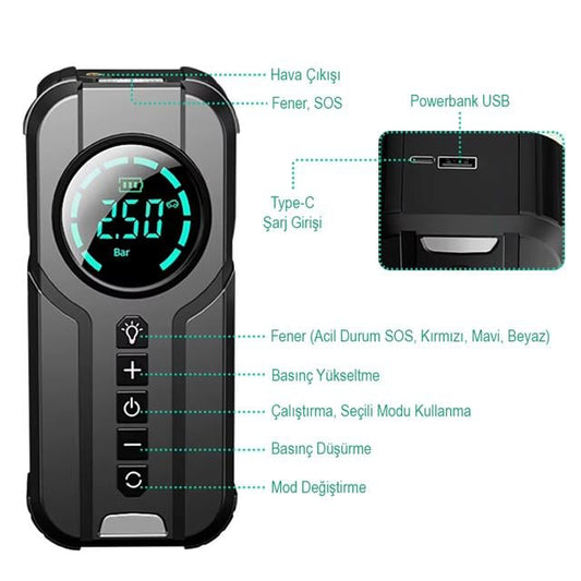Powerbank Araç Akü Şarj Lastik Hava Kompresörü Şişirici Taşınabilir Dijital Kablosuz El Feneri